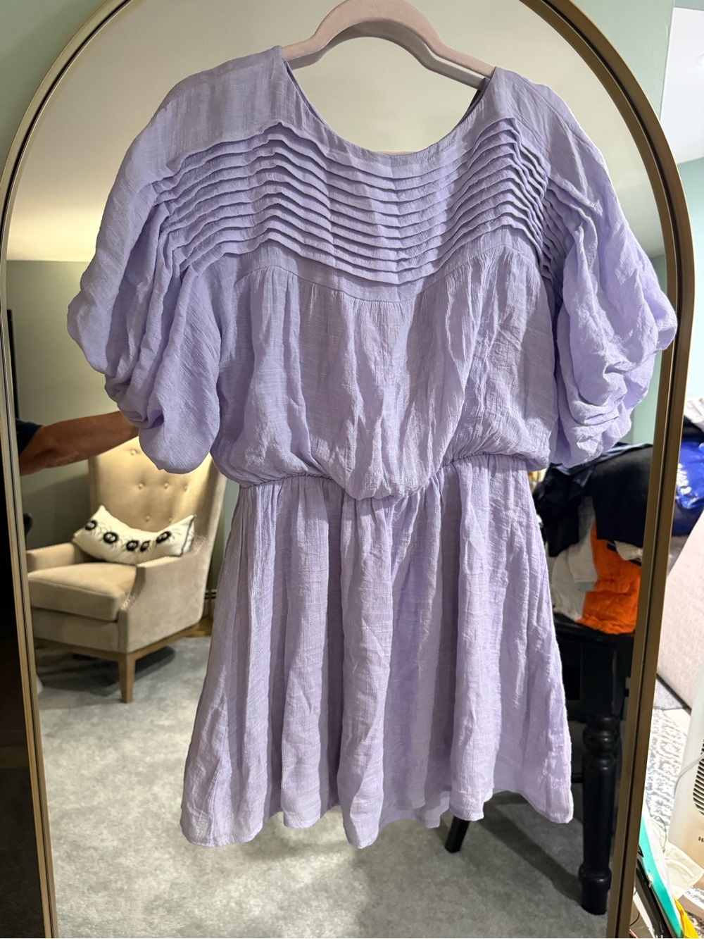 La Lavon Lavender Mini Dress with Pintuck Bodice. Boutique purchase. Size: Large